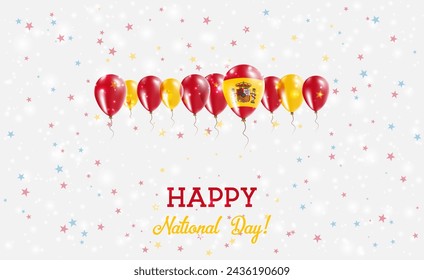 Spain Independence Day Sparkling Patriotic Poster. Row of Balloons in Colors of the Spanish Flag. Greeting Card with National Flags, Confetti and Stars.