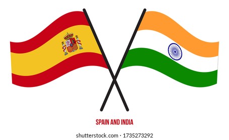 Banderas de España e India Cruzadas y ondeando estilo plano. Proporción oficial. Colores correctos.