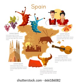 Spain infographics. sights, culture, spanish traditions, map, people. Template Spain elements 