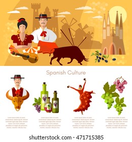 Spain infographics traditions and culture spanish attractions people vector illustration 