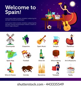 Spain information for tourists on main cultural national attractions food and sightseeing infographic symbols banners vector illustration 