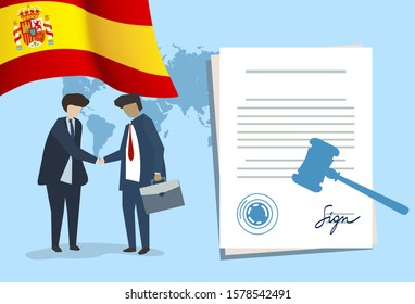 Spain international partnership. Diplomacy negotiation. Business relationship agreement handshake. Country flag and map. Corporate Global business investment. Vector