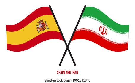 Spain and Iran Flags Crossed And Waving Flat Style. Official Proportion. Correct Colors.