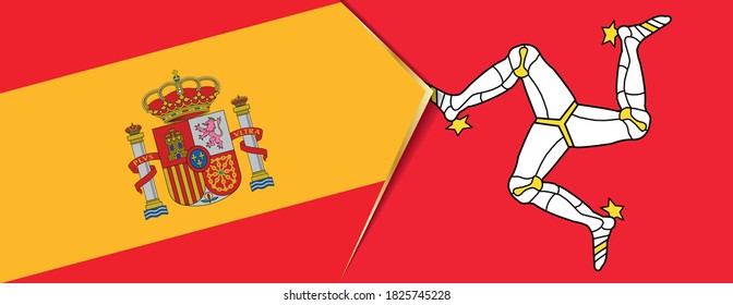 Spain and Isle of Man flags, two vector flags symbol of relationship or confrontation.
