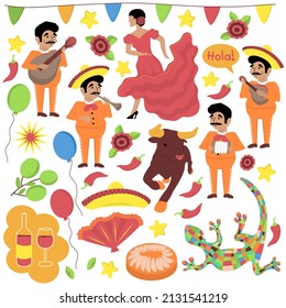 Spain isolated icons set.  Spanish traditional symbols and objects.