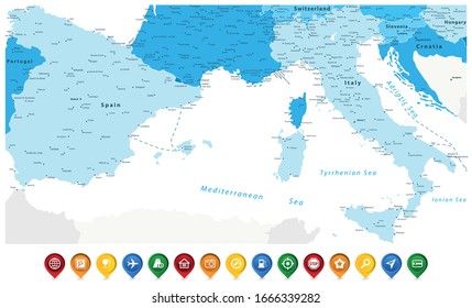 Mapa Azul de España e Italia e Iconos de Mapa de Colores. Todos los elementos se separan en capas editables claramente etiquetadas. Ilustración vectorial.