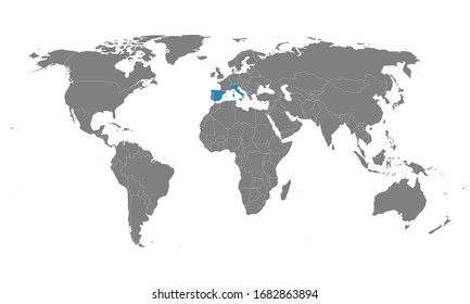 Spain, Italy Countries Highlighted On World Map. Diplomatic, Trade, Travel, Health Relations.