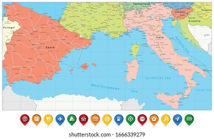 Spain and Italy Map and Colored Map Icons. All elements are separated in editable layers clearly labeled. Vector illustration.