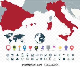 Spain and Italy Map and Flat Map Icons. Vector illustration.