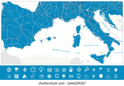 Spain and Italy Map and Map Navigation Set. All elements are separated in editable layers clearly labeled. Vector illustration.