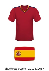 Spain jersey football kit. World football tournament 2022. National t-shirt and flag of soccer team on white background. Vector illustration.
