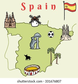 Spain landmarks map - cute doodle vector graphics with Madrid, Barcelona, Santiago de Compostela, Seville and football.