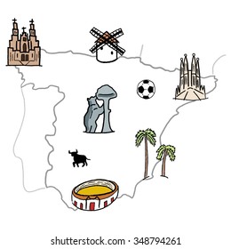 Spain landmarks map - cute doodle vector graphics with Madrid, Barcelona, Santiago de Compostela, Seville and football.