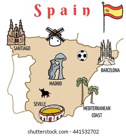 Spain landmarks map - cute doodle vector graphics with Madrid, Barcelona, Santiago de Compostela, Seville and football.