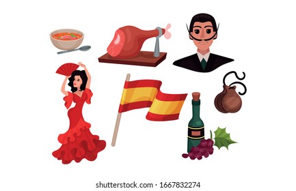 Spain Landmarks and Symbols with Flag and Woman Dancing Flamenco Vector Set