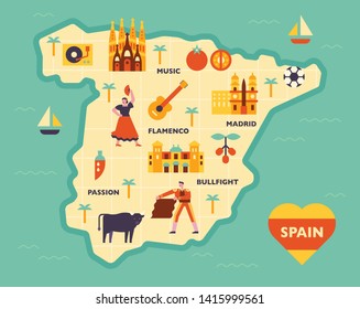 Spain landmarks and symbols icon illustration map. flat design style minimal vector illustration