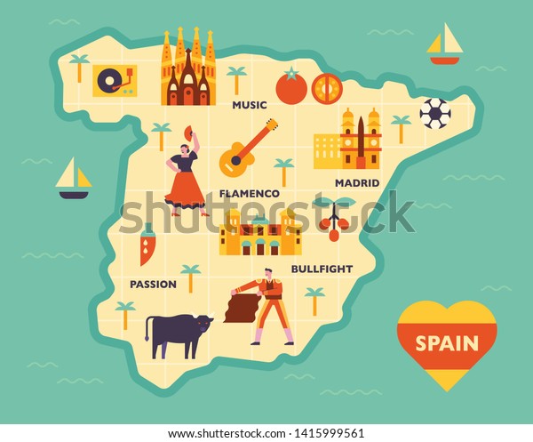 Spain Landmarks Symbols Icon Illustration Map Stock Vector (Royalty ...