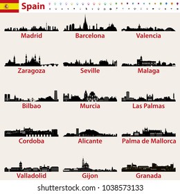 Spain largest cities skylines silhouettes vector set