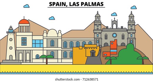 Spain, Las Palmas. City skyline: architecture, buildings, streets, silhouette, landscape, panorama, landmarks. Editable strokes. Flat design line vector illustration concept. Isolated icons set