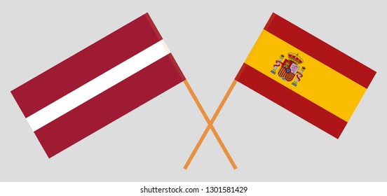 Spain and Latvia. The Spanish and Latvian flags. Official colors. Correct proportion. Vector illustration