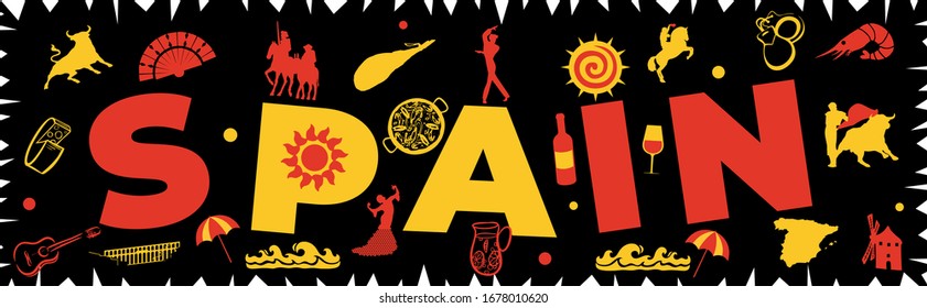 Spain lettering in english and doodles elements background. Vector illustration