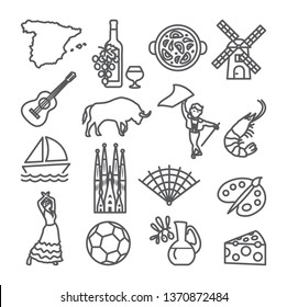 Spain line icons set. Spanish traditional symbols and objects on white.