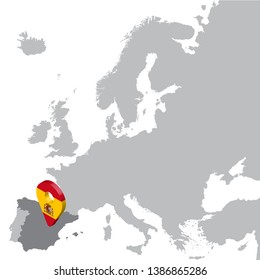 Spain Location Map on map Europe. 3d Spain flag map marker location pin. High quality map of Spain.  Vector illustration EPS10.
