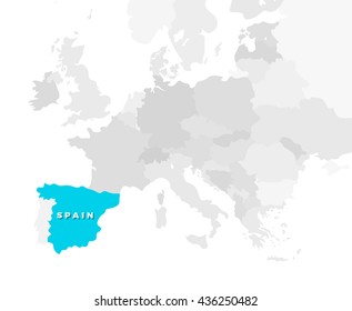 Spain location modern detailed map. All european countries without names. Vector template of beautiful flat grayscale map design with selected country name text and Spain border location