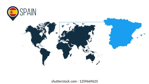 Spain location modern vector map for infographics. All world countries without names. Spain round flag in the map pin or marker. vector illustration on stripped background.