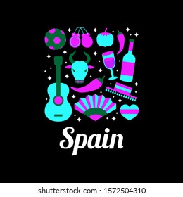 Spain logo with flat bunch of icon that related with spain
