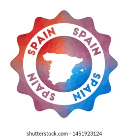 Spain low poly logo. Colorful gradient travel logo of the country in geometric style. Multicolored polygonal Spain rounded sign with map for your infographics.