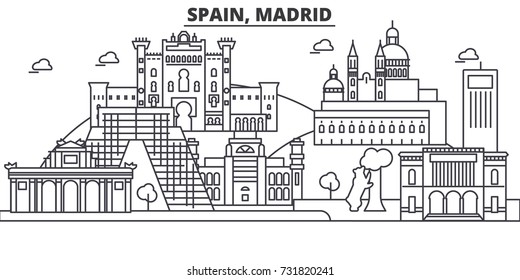 Spain, Madrid architecture line skyline illustration. Linear vector cityscape with famous landmarks, city sights, design icons. Landscape wtih editable strokes