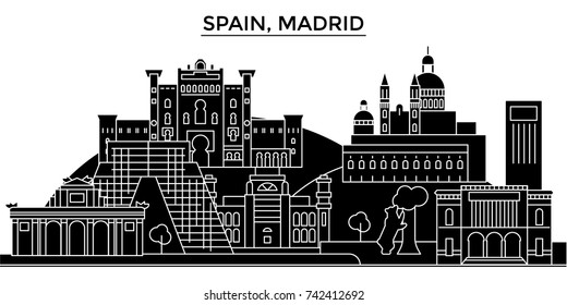 Spain, Madrid architecture vector city skyline, travel cityscape with landmarks, buildings, isolated sights on background