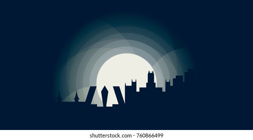 Spain Madrid blue night moon sunset city panorama landscape horizon buildings skyline flat icon logo