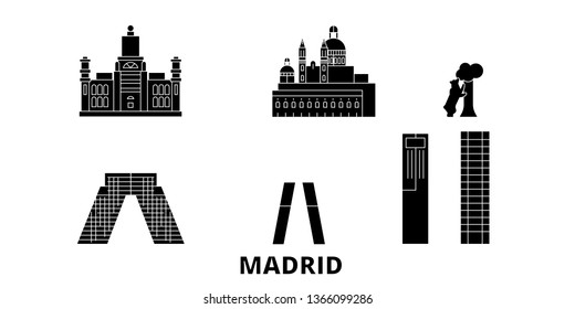 Spain, Madrid City flat travel skyline set. Spain, Madrid City black city vector panorama, illustration, travel sights, landmarks, streets.