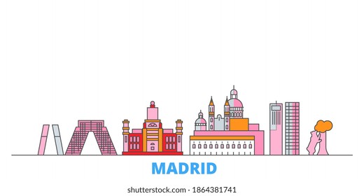 Spain, Madrid City line cityscape, flat vector. Travel city landmark, oultine illustration, line world icons