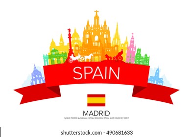 Spain, Madrid Travel Landmarks. Vector and Illustration