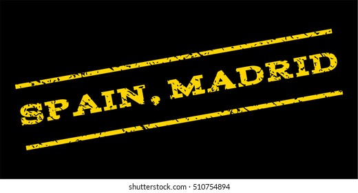 Spain Madrid watermark stamp. Text caption between parallel lines with grunge design style. Rubber seal stamp with dirty texture. Vector yellow color ink imprint on a blue background.
