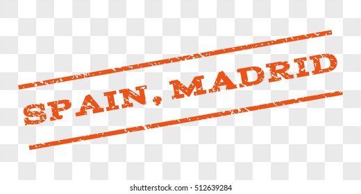 Spain, Madrid watermark stamp. Text tag between parallel lines with grunge design style. Rubber seal stamp with unclean texture. Vector orange color ink imprint on a chess transparent background.