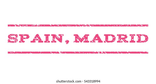 Spain, Madrid watermark stamp. Text tag between horizontal parallel lines with grunge design style. Rubber seal stamp with dirty texture. Vector pink color ink imprint on a white background.