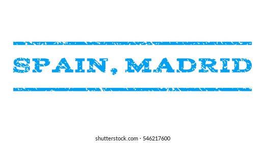 Spain, Madrid watermark stamp. Text tag between horizontal parallel lines with grunge design style. Rubber seal stamp with unclean texture. Vector blue color ink imprint on a white background.