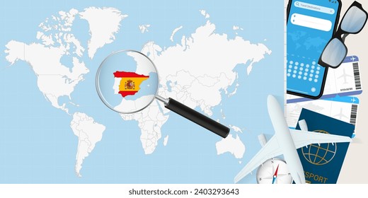 España se magnifica sobre un Mapa Mundial, ilustración con avión, pasaporte, tarjeta de embarque, brújula y gafas. Ilustración vectorial.