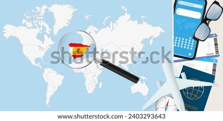 Spain is magnified over a World Map, illustration with airplane, passport, boarding pass, compass and eyeglasses. Vector illustration.