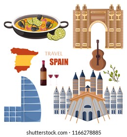 Spain main attractions set collection Vector. Traditional paella seafood, city architectures and symbols