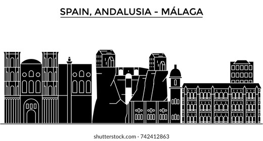 Spain, Malaga, Andalusia architecture vector city skyline, travel cityscape with landmarks, buildings, isolated sights on background