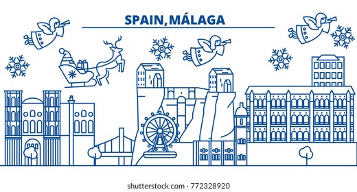 Spain, Malaga, Andalusia winter city skyline. Merry Christmas, Happy New Year decorated banner with Santa Claus.Winter greeting line card.Flat, outline vector.Linear christmas snow illustration