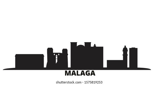 Spain, Malaga city skyline isolated vector illustration. Spain, Malaga travel black cityscape