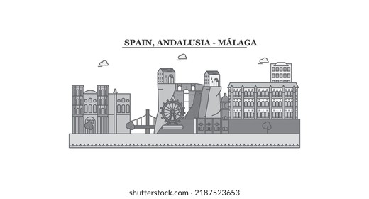 Spain, Malaga city skyline isolated vector illustration, icons