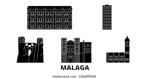 Spain, Malaga flat travel skyline set. Spain, Malaga black city vector panorama, illustration, travel sights, landmarks, streets.