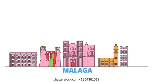 Spain, Malaga line cityscape, flat vector. Travel city landmark, oultine illustration, line world icons